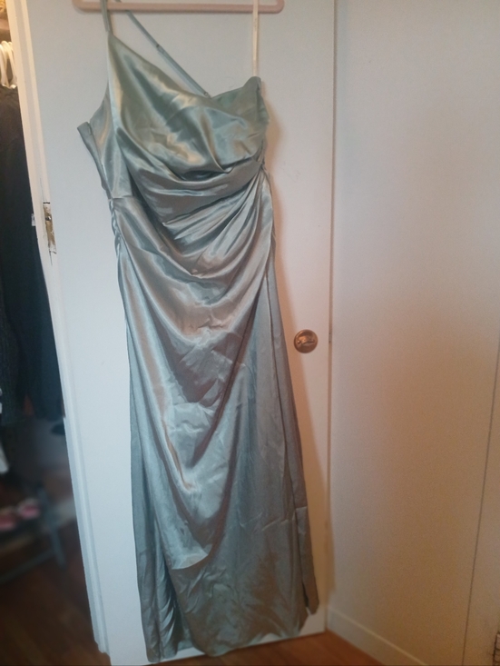 One-Shoulder Satin Evening Gown in Sage Green - Picture 2 of 7